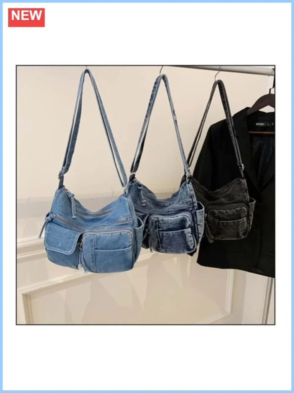 Y2K Grunge Distressed Denim Crossbody Bag Multi-Pocket Hobo Shoulder Purse